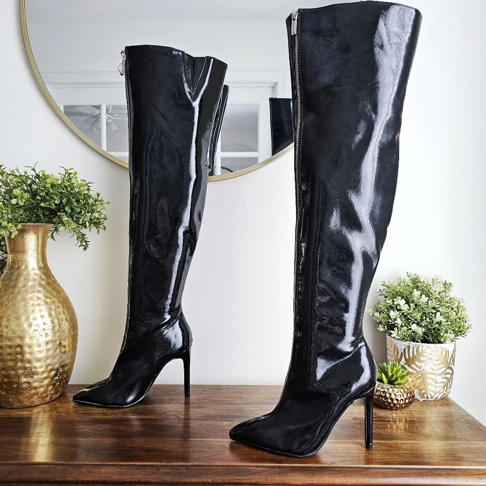 NWOT Forever 21 Black Faux Patent Leather Thigh-High Over-the-Knee Boots Sz 5.5